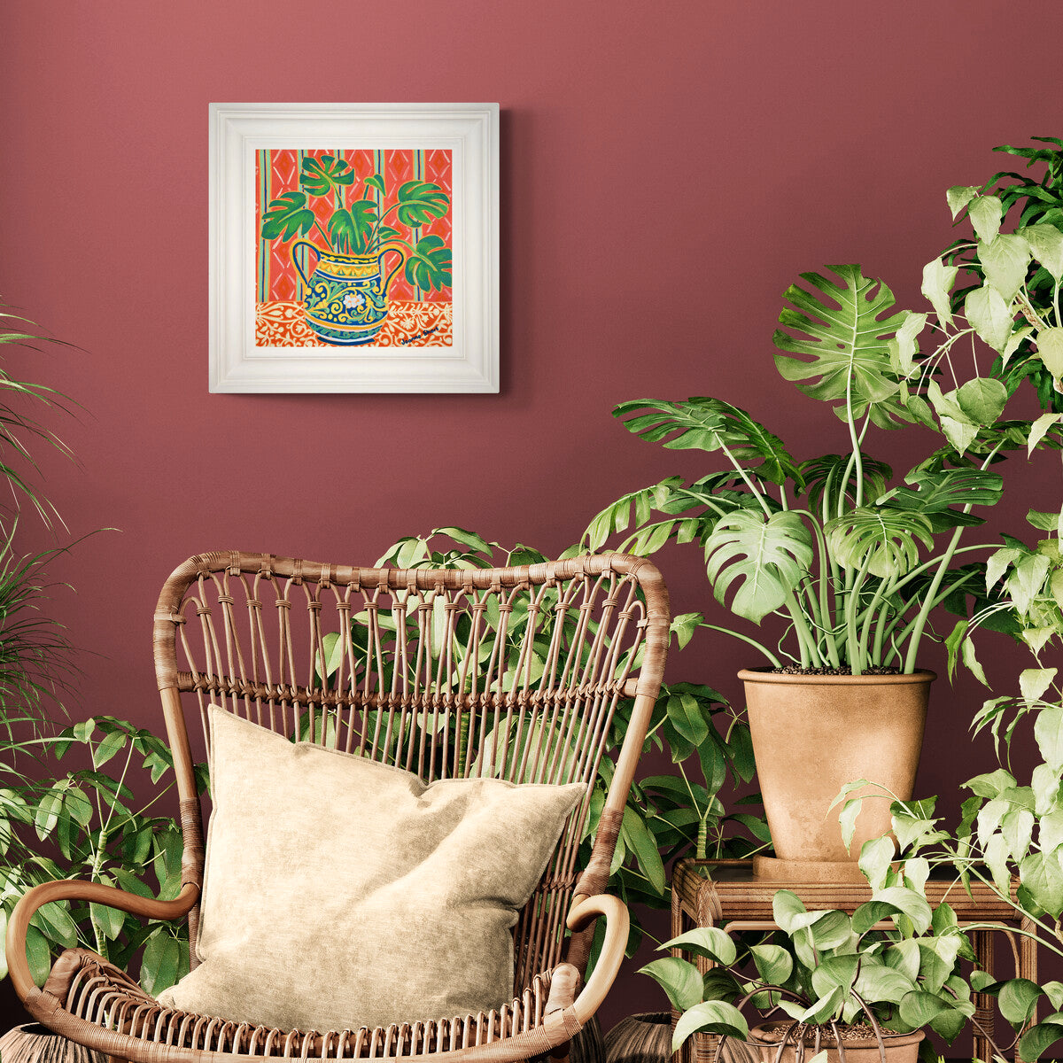 'My Favourite Cheese Plant in a Painted Pot'. 12x12 inches original art oil on canvas by Cornish artist Joanne Short