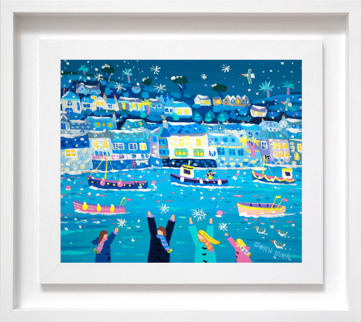 Framed artwork of a colorful coastal scene with boats and people, featuring a white frame.'Catching Snowflakes, Polperro', 10x12 inches acrylic on canvas. Coastal Painting of Cornwall by Cornish Artist John Dyer. Cornwall Art Gallery