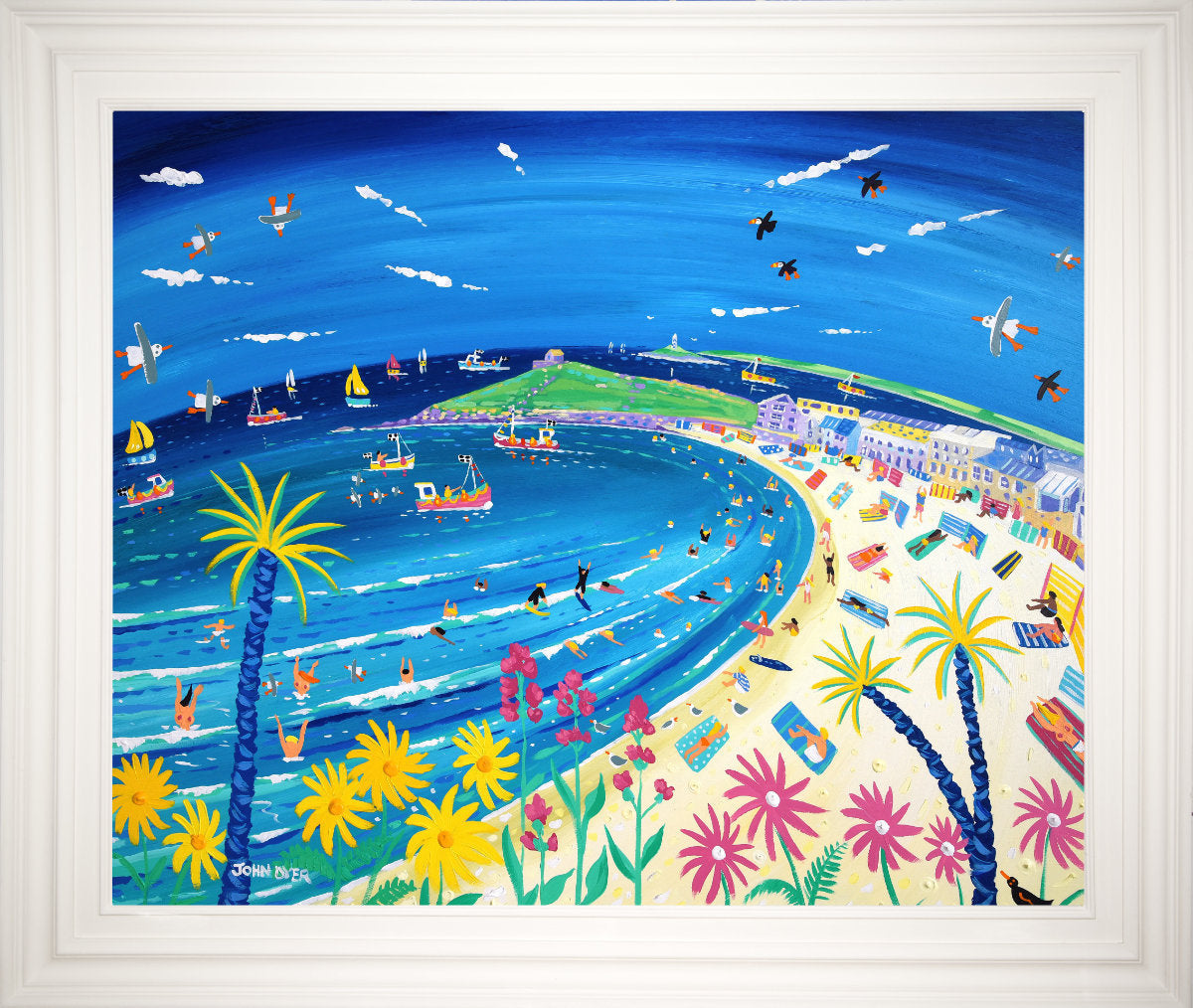 'Tropical Days at Porthmeor Beach, St ives'. 33x40 inches original art acrylic on board. Paintings of Cornwall by Cornish Artist John Dyer. Cornwall Art Gallery
