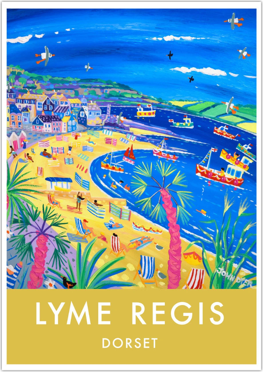 Lyme Regis Beach, Dorset. Vintage Style Coastal Travel Poster Art Prints by British Artist John Dyer