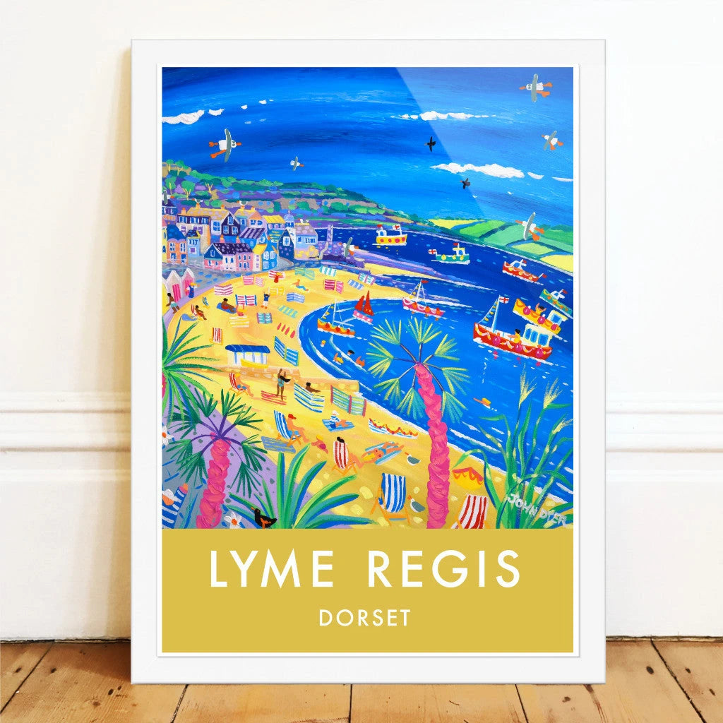 Lyme Regis Beach, Dorset. Vintage Style Coastal Travel Poster Art Prints by British Artist John Dyer