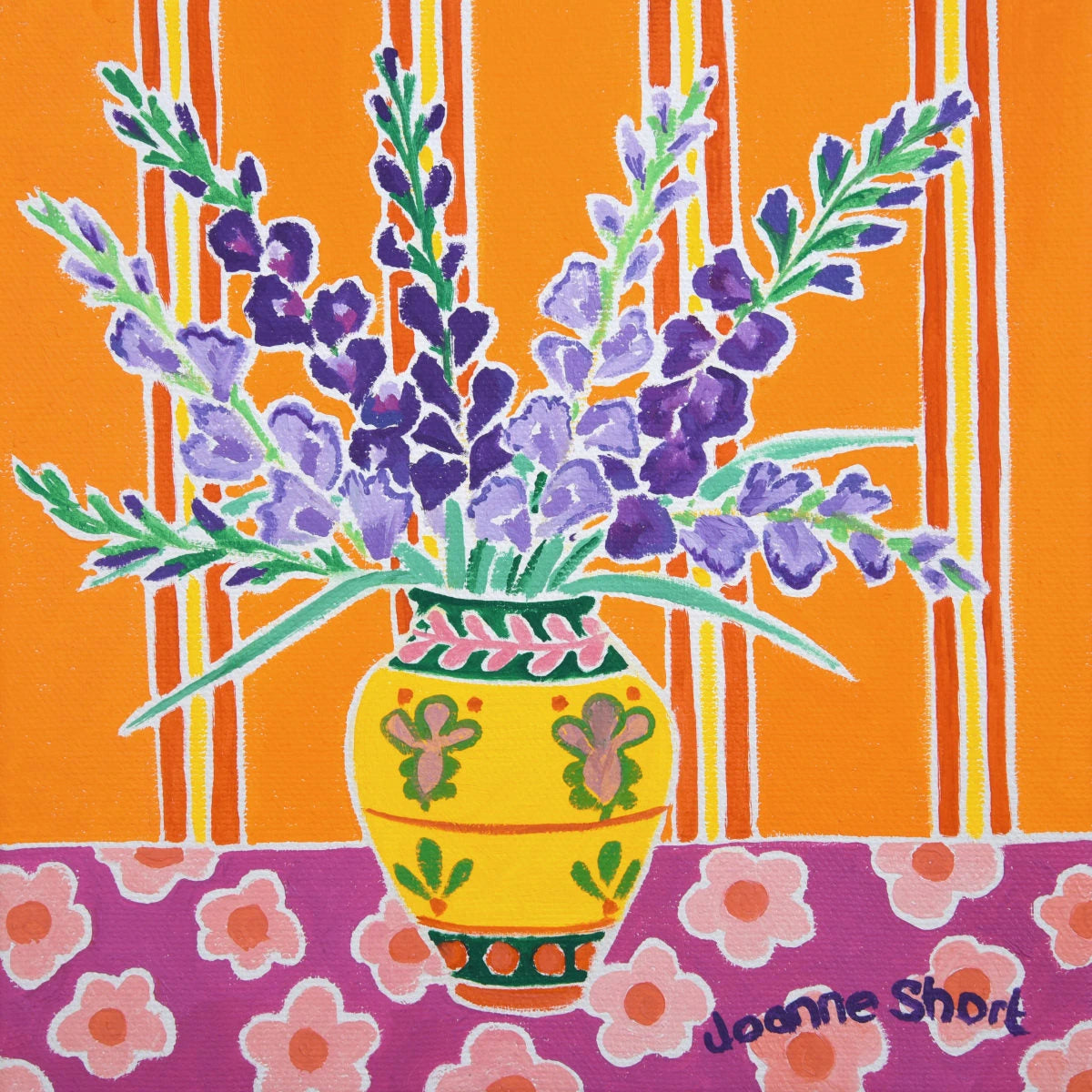 'Purple Gladioli in a Yellow Vase', 8 x 8 inches oil on canvas flower still life art. Painting by Cornish Artist Joanne Short Joanne Short