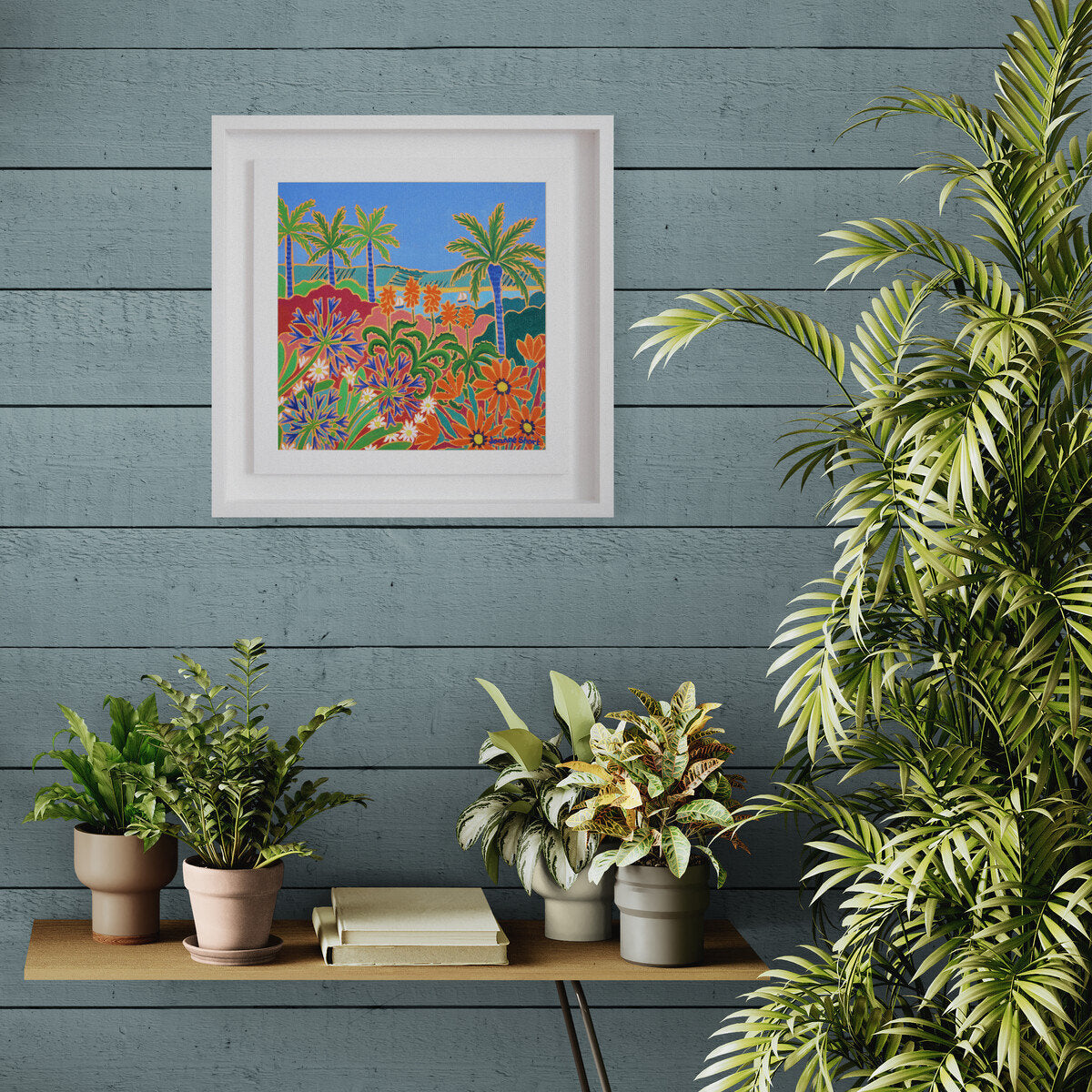 'Hot Fiery Flowers, Tresco Abbey Gardens', 12x12 inches oil on canvas. Cornwall Art Gallery Painting by Cornish Artist Joanne Short