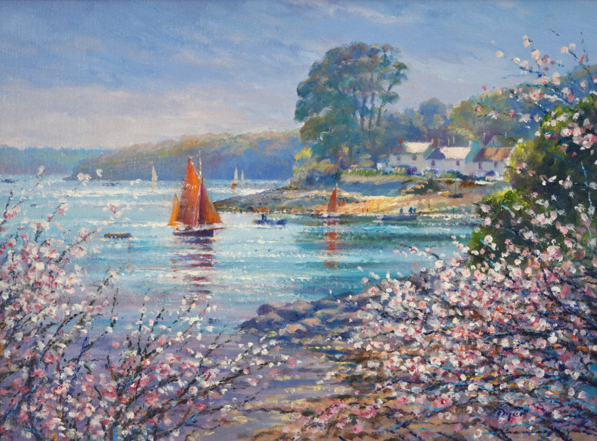 'Sailing into Helford Passage', 12x16 inches original art oil on canvas. Seascape Painting of Cornwall by Artist Ted Dyer.