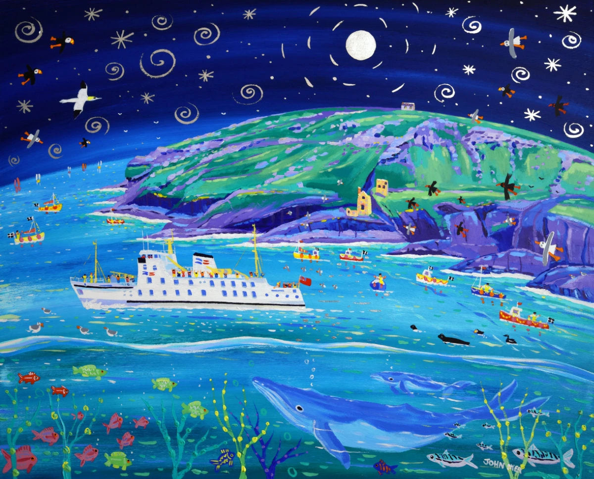 'Moonlit Journey, Botallack'. 33x40 inches original art acrylic on board. Paintings of Cornwall by Cornish Artist John Dyer. Cornwall Art Gallery John Dyer