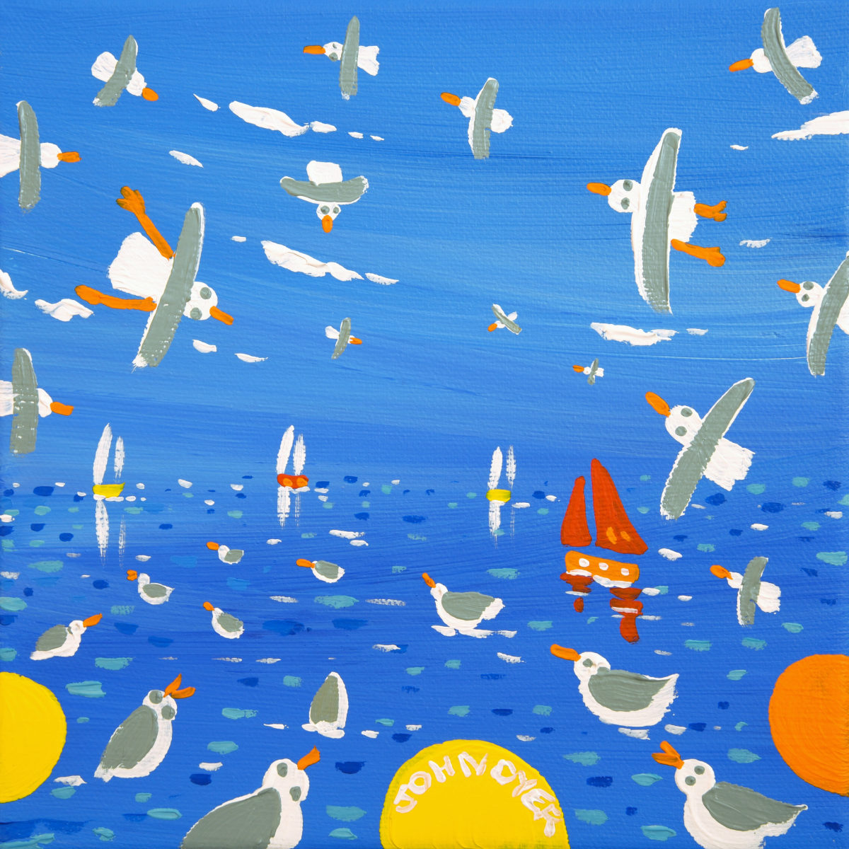 Seagulls and a sailboat on a blue background with orange suns. 'Seagulls and Sailing Boats, Cornwall’, 8x8 inches acrylic on canvas. Painting of Cornwall by Cornish Artist John Dyer