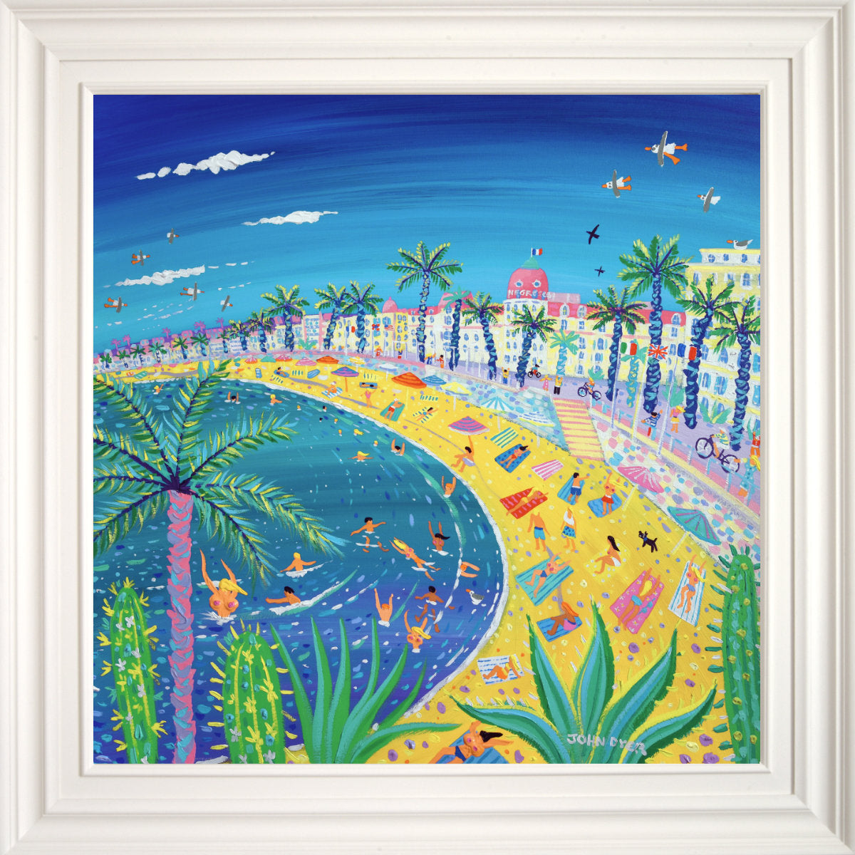 Colourful beach scene with palm trees, people, and buildings, Negresco Hotel, France. 'Sexy Curves, Nice', 30 x 30 inches acrylic on canvas. Cote d'Azur South of France Painting by British Artist John Dyer
