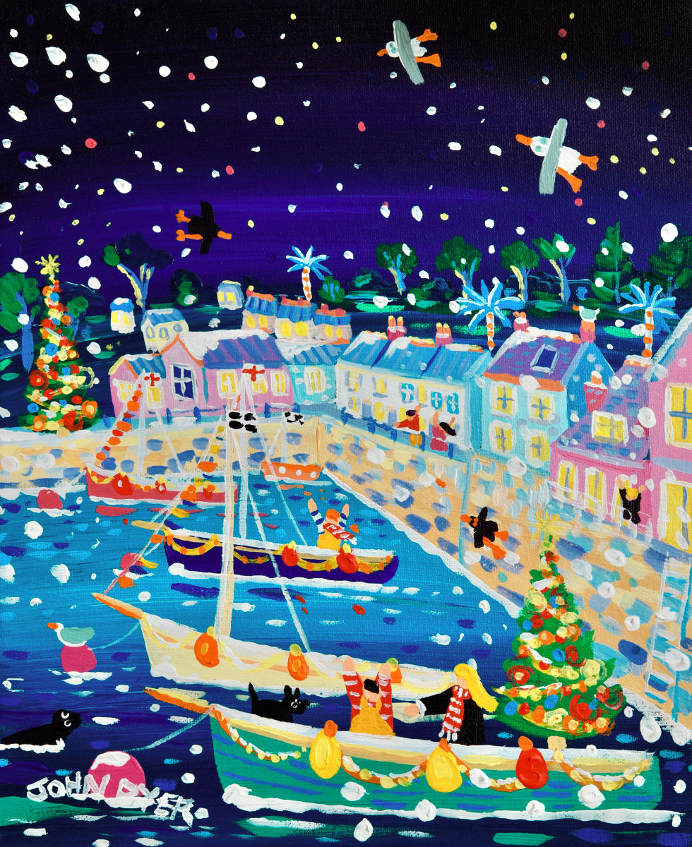 'Snow Flurries, Flushing', 12x10 inches acrylic on canvas. Paintings of Cornwall. Cornish Artist John Dyer. Cornwall Art Gallery