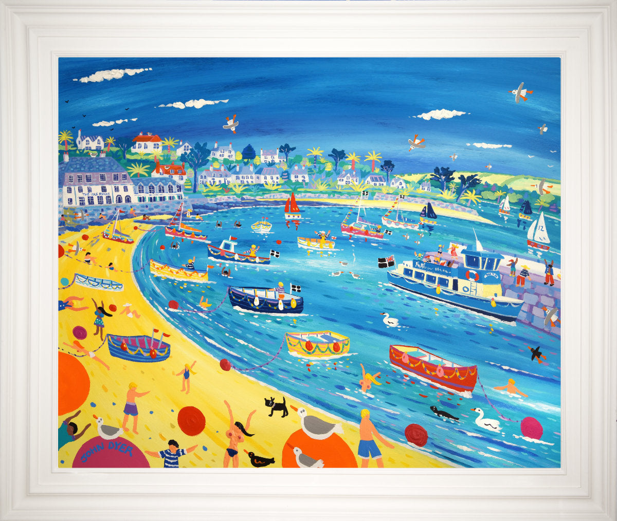 'Summer Days, St Mawes'. 33x40 inches original art acrylic on board. Paintings of Cornwall by Cornish Artist John Dyer. Cornwall Art Gallery