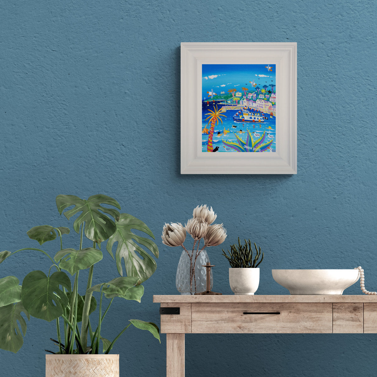 'Bunting and Bathing, St Mawes', 12x10 inches acrylic on canvas. Paintings of Cornwall. Cornish Artist John Dyer. Cornwall Art Gallery