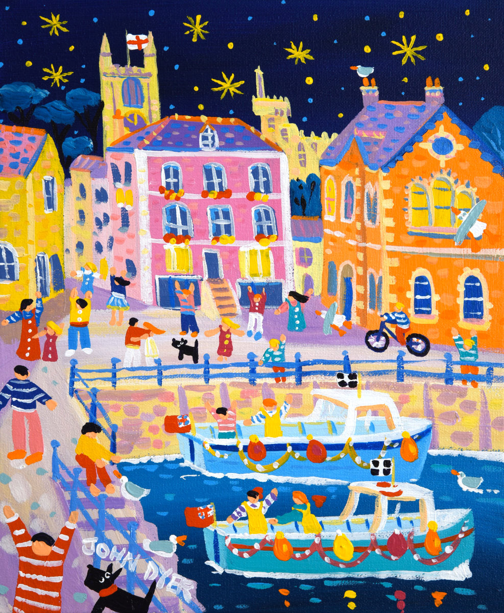 'Starry Sky above the Harbour, Fowey', 12x10 inches acrylic on canvas. Paintings of Cornwall. Cornish Artist John Dyer. Cornwall Art Gallery