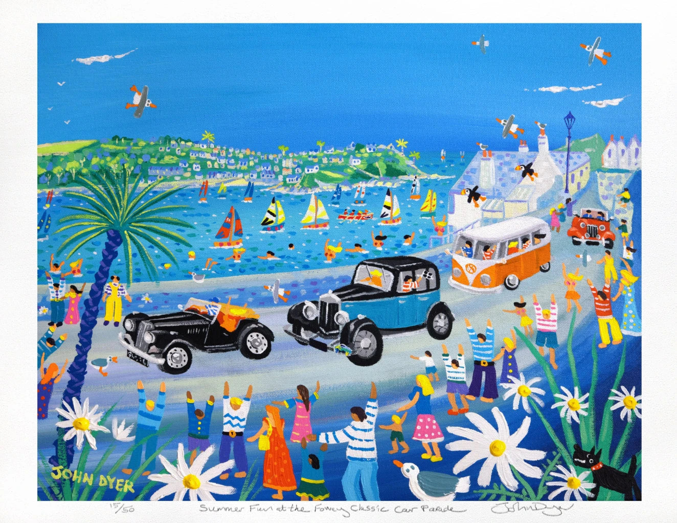 Limited Edition Print by Cornish Artist John Dyer. 'Summer Fun at the Fowey Classic Car Parade'. Cornwall Art Gallery Print. John Dyer