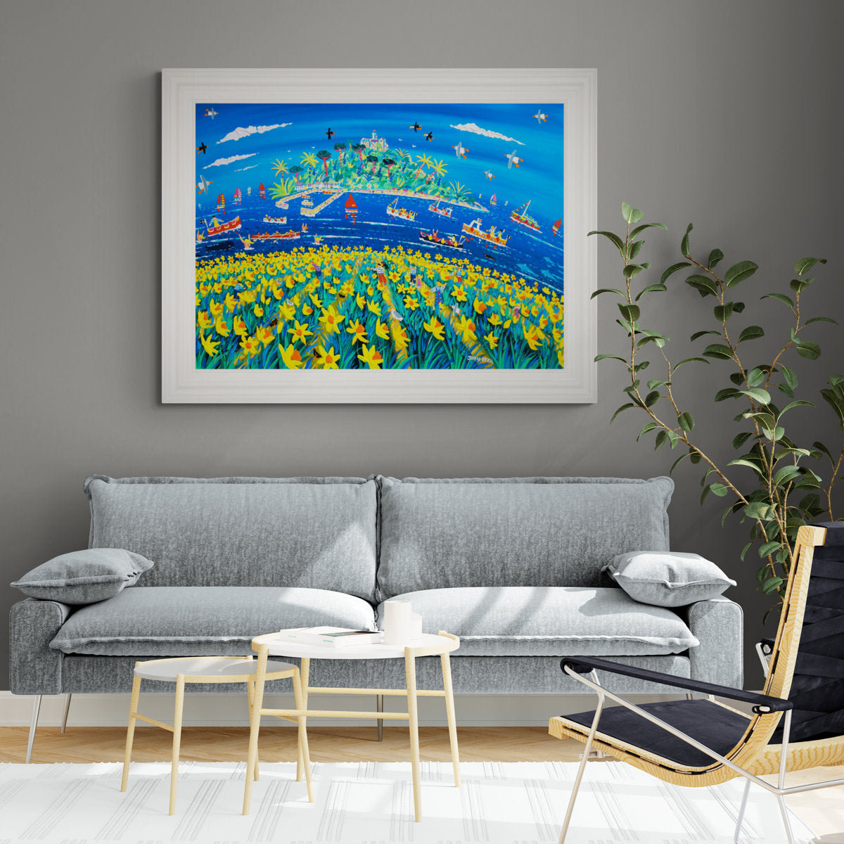 'Daffodil Days at St Michael's Mount', 36 x 48 inches acrylic on canvas. Painting of St Michael's Mount Cornwall by Cornish Artist John Dyer