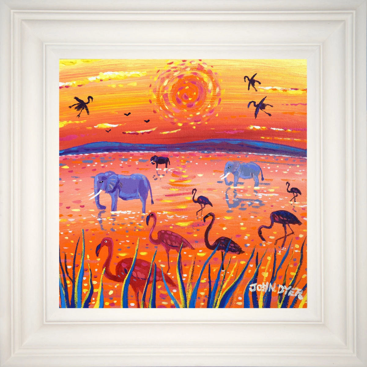 'African Flamingo Sunset, Kenya', 12x12 inches acrylic on canvas. Paintings of Africa by British Artist John Dyer. John Dyer