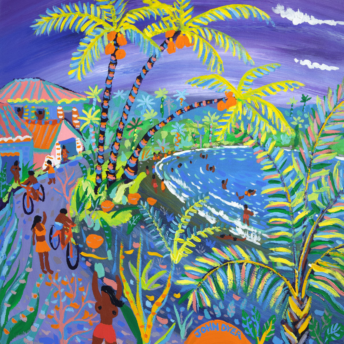 John Dyer Painting. 'Swaying Caribbean Coconuts, Costa Rica'. Caribbean Art Gallery.