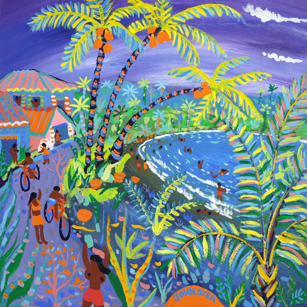 Original acrylic painting by John Dyer of Costa Rica’s Caribbean coast, with swaying coconut palms, tropical foliage, cyclists, swimmers, colourful houses and blue sea.
