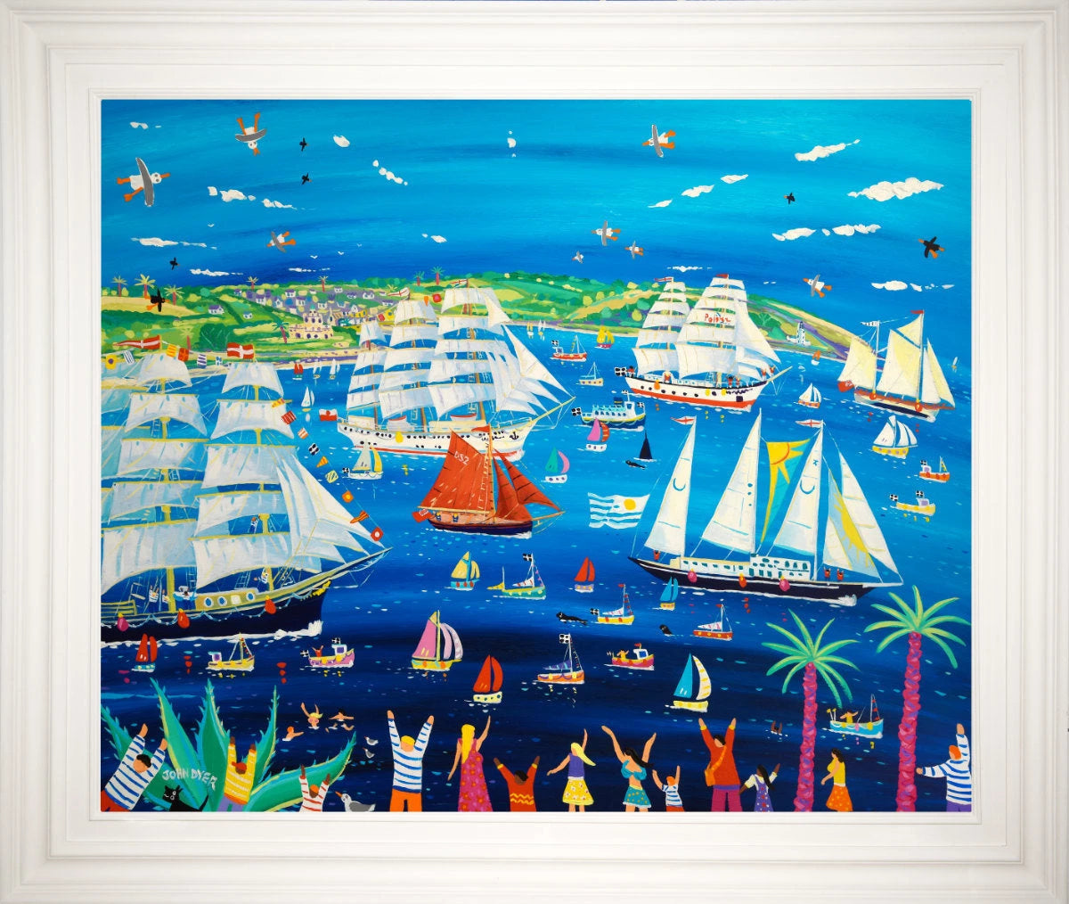 'Tall Ships and Small Ships, Falmouth, 2023'. 33x40 inches original art acrylic on board. Paintings of Cornwall by Cornish Artist John Dyer. Cornwall Art Gallery John Dyer