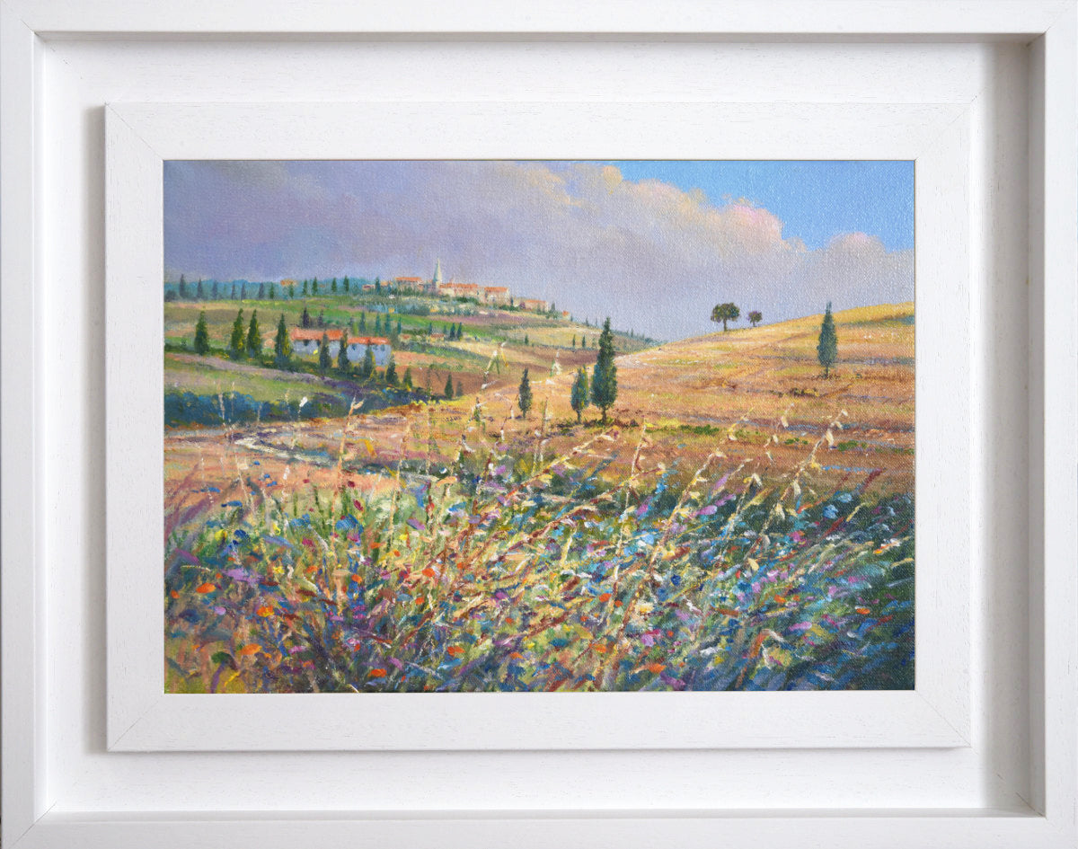 'Winding Road to Pienza, Tuscany, Italy', 10x14 inches original art oil on canvas. Landscape Painting of Italy by British Artist Ted Dyer