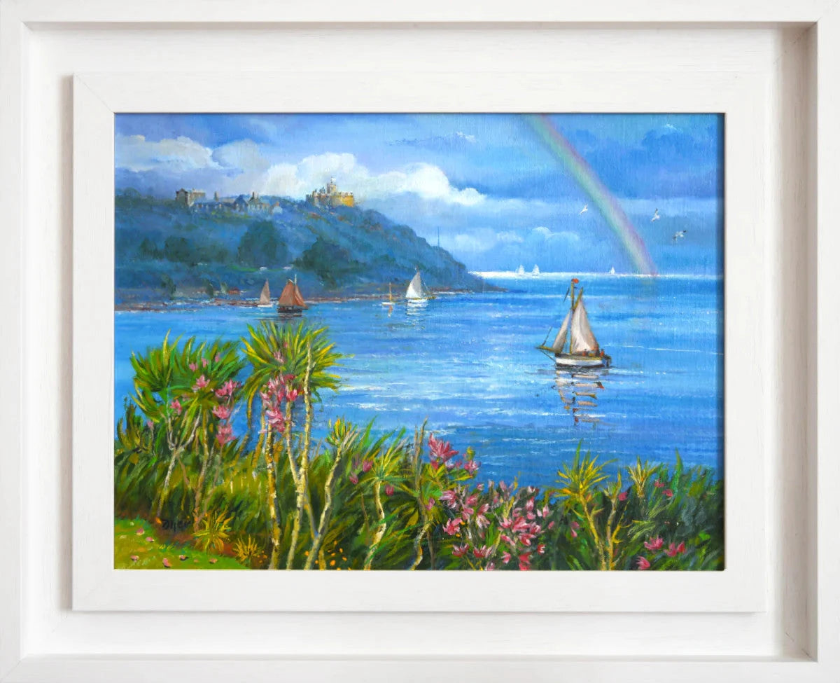 'Rainbow over Pendennis Castle, Falmouth', 12x16 inches original art oil on canvas. Seascape Painting of Cornwall by Cornish Artist Ted Dyer. Ted Dyer