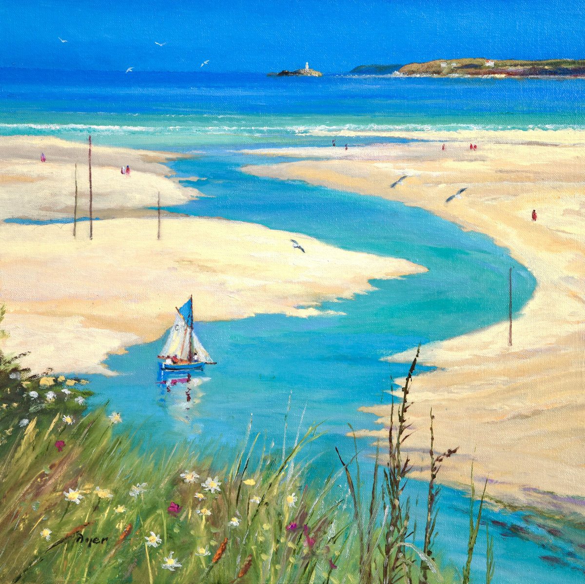 'High Summer, Hayle Sands', 14x14 inches oil on canvas. Painting by Cornish Artist Ted Dyer. Cornish Art from our Cornwall Art Gallery Ted Dyer