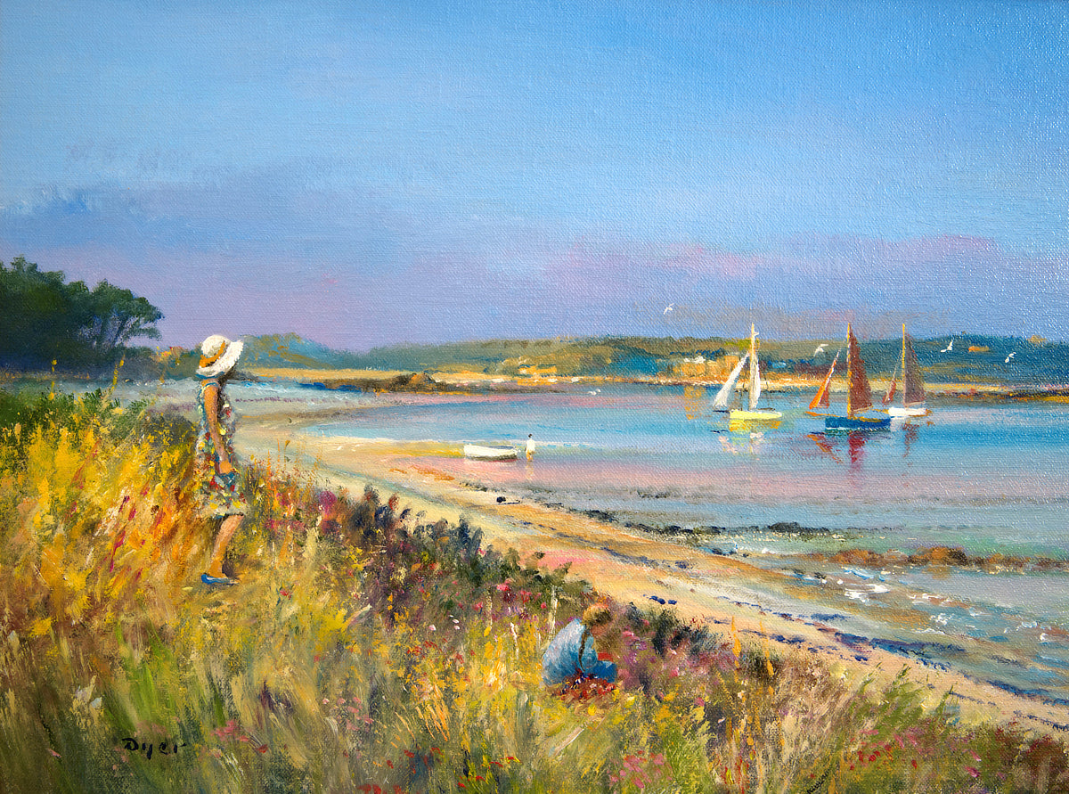 'Sails in the Bay. Pentle Bay, Tresco', 12x16 inches original art oil on canvas. Paintings of Cornwall by Cornish Artist Ted Dyer from our Cornwall Art Gallery