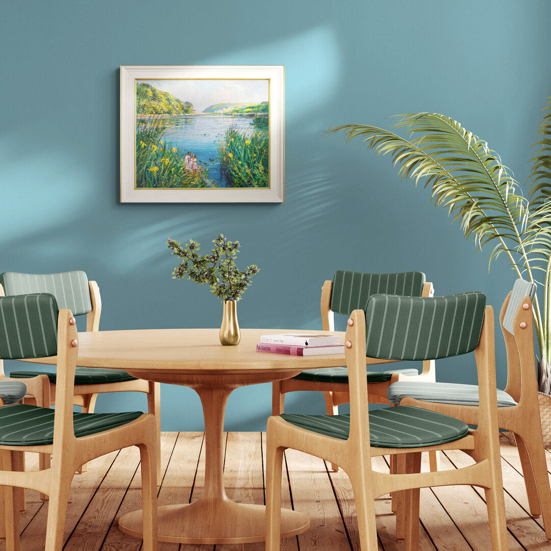 'Blue Water and Wild Iris, Swanpool', 20x24 inches Original Art, Oil on Canvas. Lakeside Painting of Cornwall by Artist Ted Dyer.