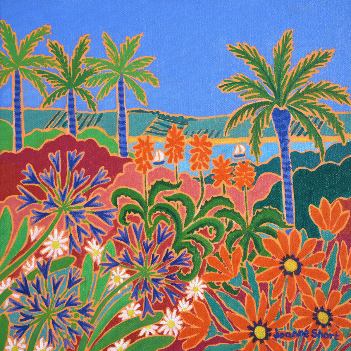 'Hot Fiery Flowers, Tresco Abbey Gardens', 12x12 inches oil on canvas. Cornwall Art Gallery Painting by Cornish Artist Joanne Short