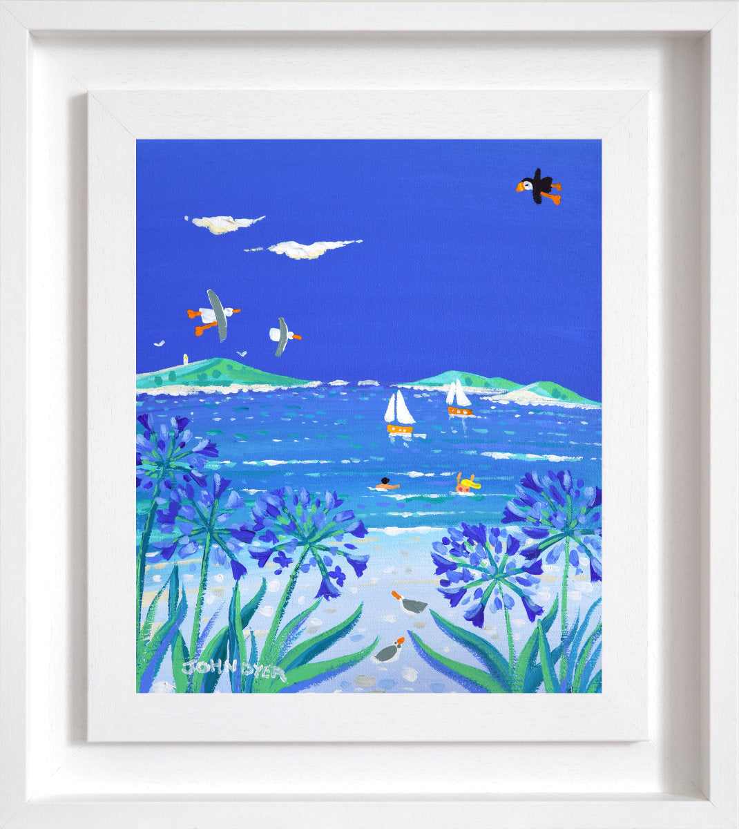 'Agapanthus on the Beach, Tresco, Isles of Scilly', 12x10 inches acrylic on canvas. Painting of Cornwall by Cornish Artist John Dyer