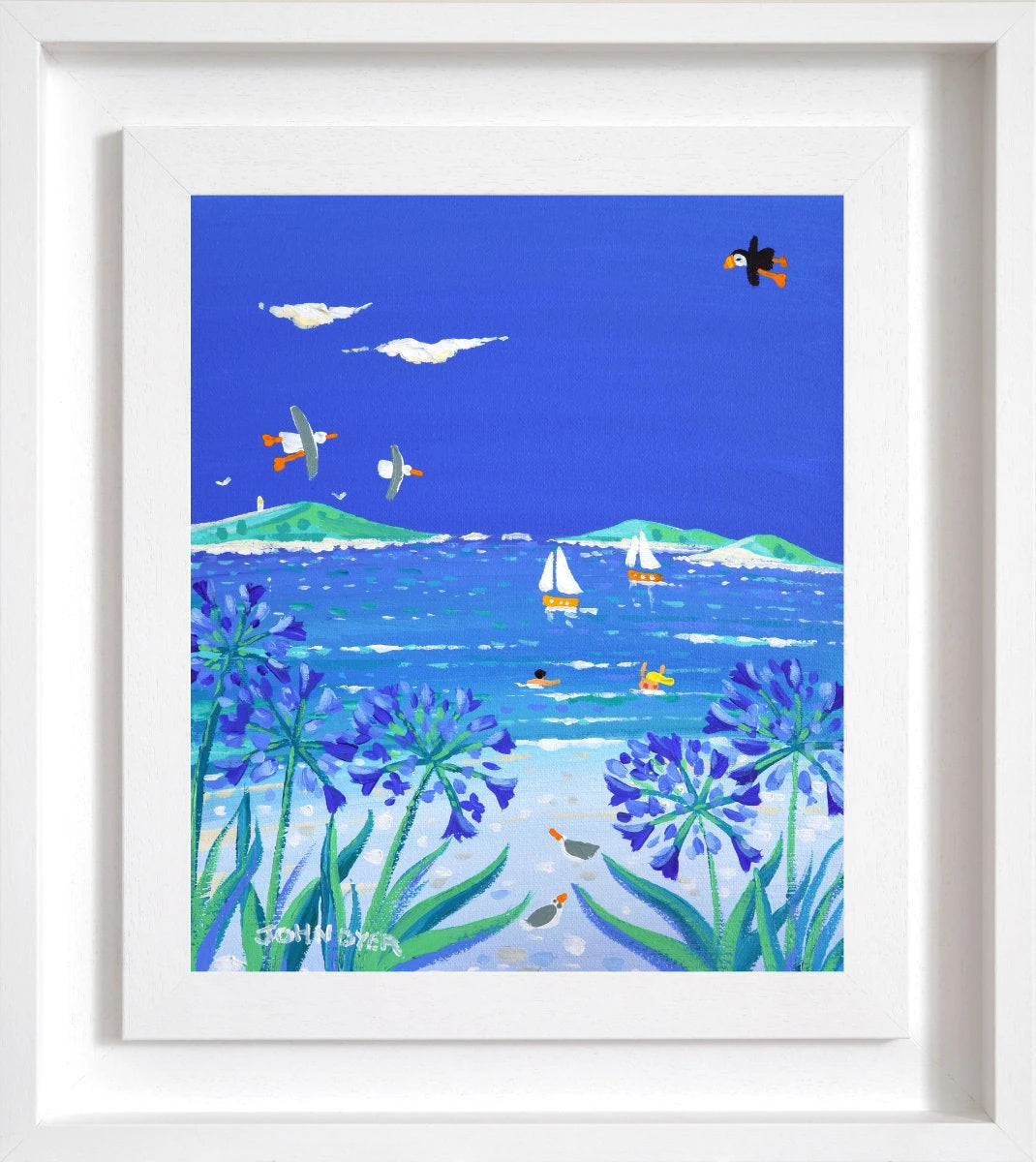 'Agapanthus on the Beach, Tresco, Isles of Scilly', 12x10 inches acrylic on canvas. Painting of Cornwall by Cornish Artist John Dyer