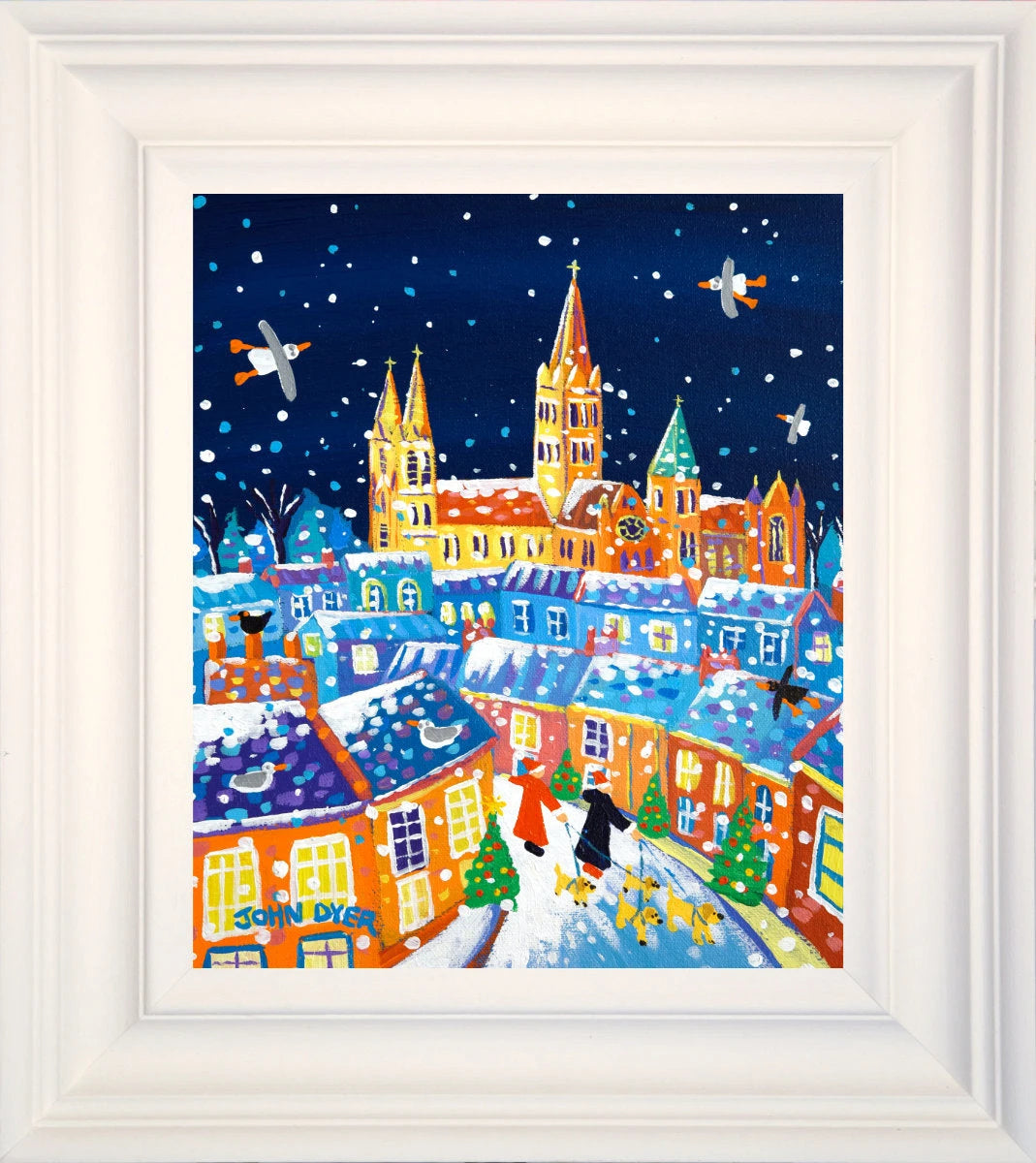 'Christmas Walkies, Truro', 12x10 inches acrylic on canvas. Painting of Cornwall. Cornish Artist John Dyer. Cornwall Art Gallery John Dyer