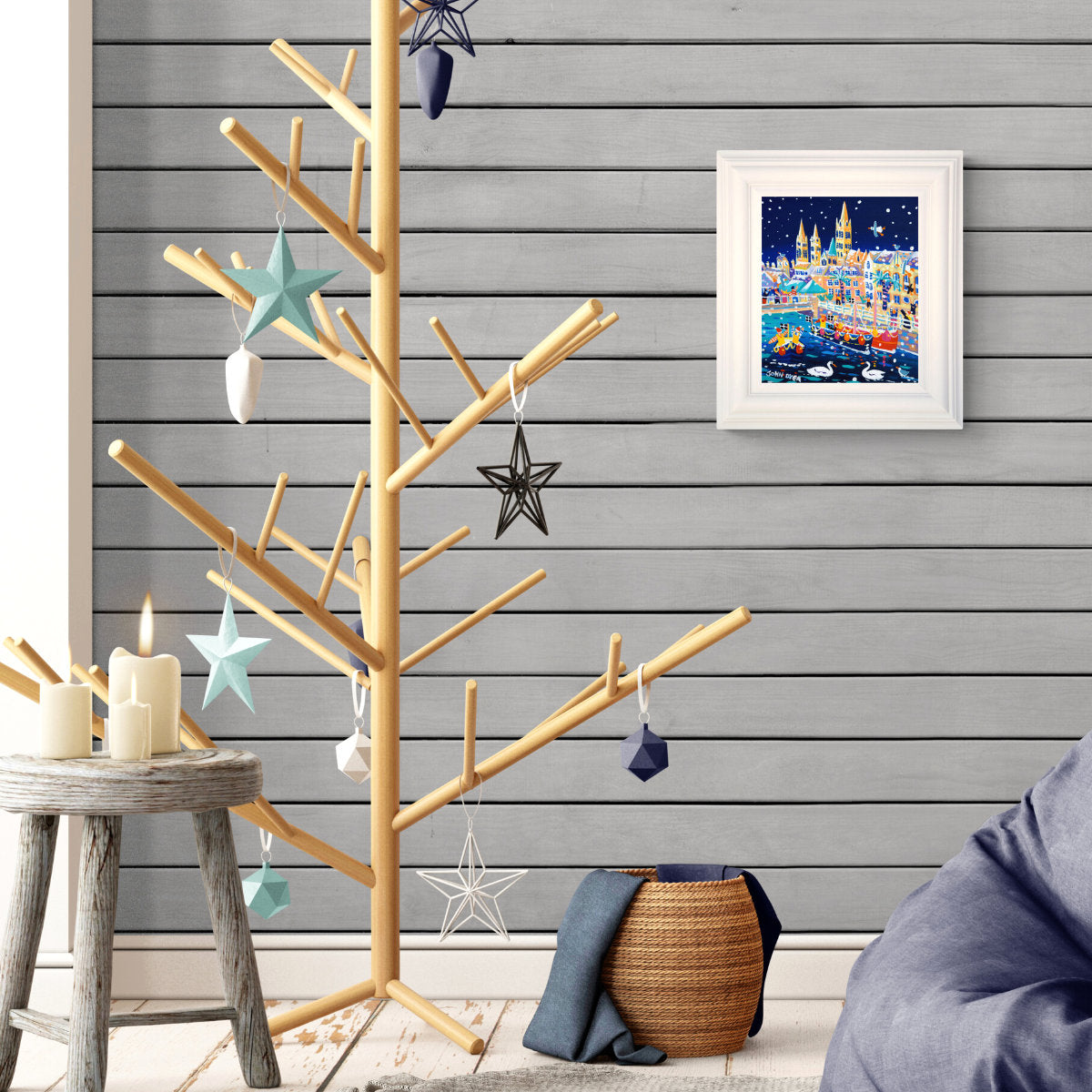 'Snowy Swans on the River, Truro Cathedral', 12x10 inches acrylic on canvas. Paintings of Cornwall. Cornish Artist John Dyer. Cornwall Art Gallery