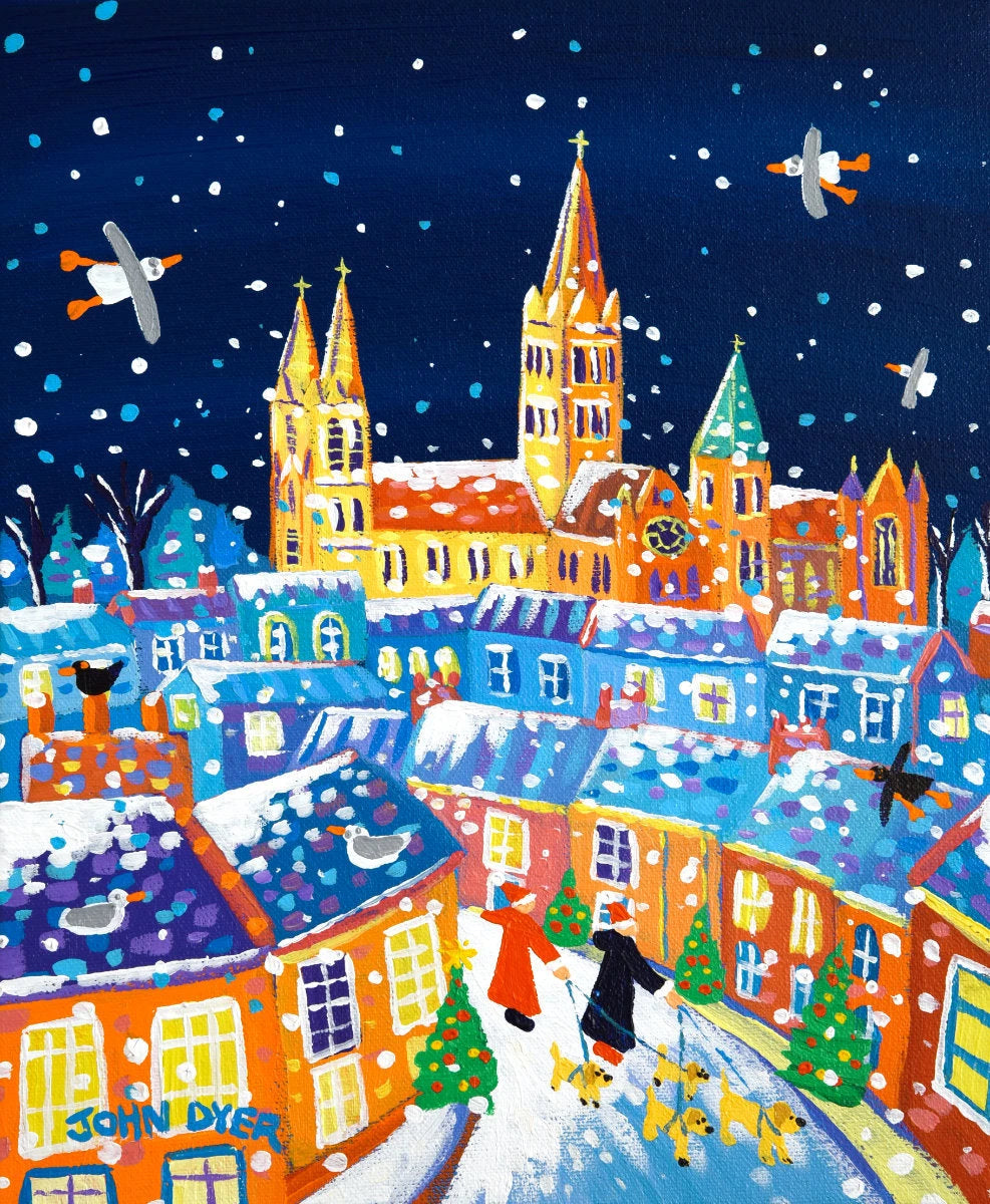 'Christmas Walkies, Truro', 12x10 inches acrylic on canvas. Painting of Cornwall. Cornish Artist John Dyer. Cornwall Art Gallery John Dyer