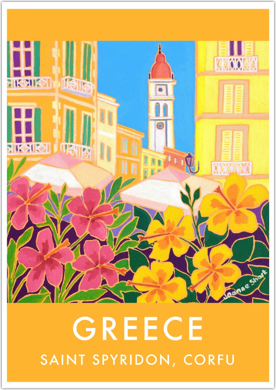 Greek Print of Saint Spyridon, Corfu Town. Vintage Style Travel Poster Art Print by Joanne Short. Greece Artwork Joanne Short