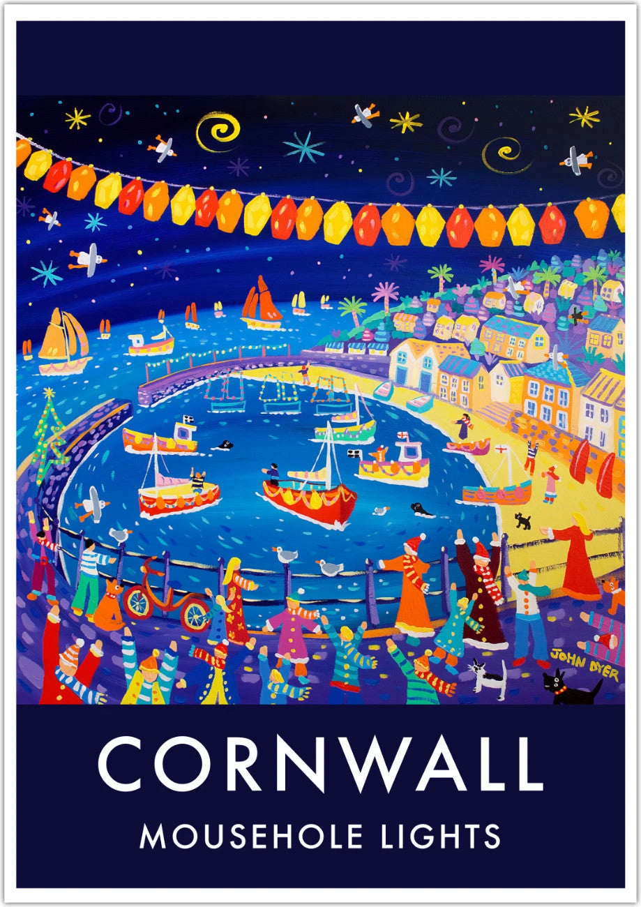 Vintage Style Coastal Seaside Travel Poster Art Prints by Cornish Artist John Dyer. Mousehole Harbour Lights, Cornwall John Dyer