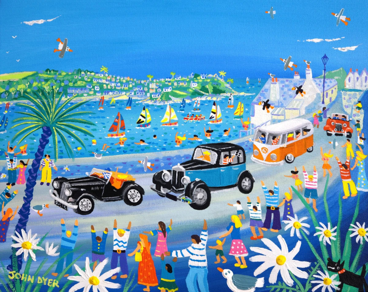 Limited Edition Print by Cornish Artist John Dyer. 'Summer Fun at the Fowey Classic Car Parade'. Cornwall Art Gallery Print. John Dyer