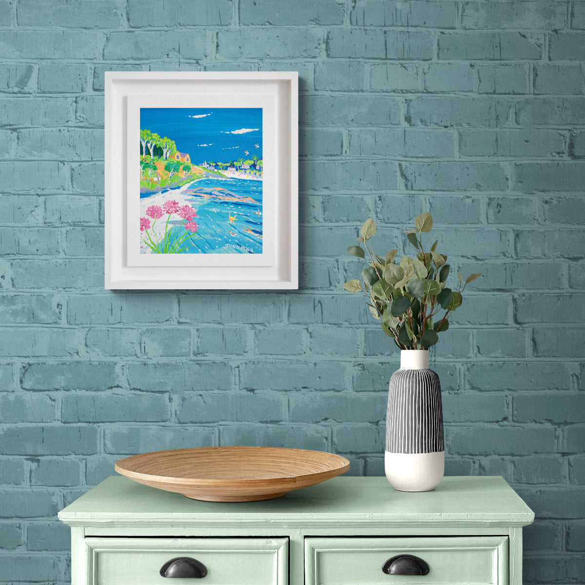 'Sunny Corner Swimmers, Swanpool, Falmouth', 12x10 inches acrylic on canvas. Painting of Cornwall by Cornish Artist John Dyer