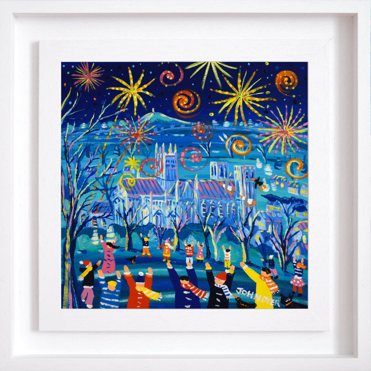'Firework Fun, Wells', 12x12 inches acrylic on canvas. Wells Painting by British Artist John Dyer. Somerset Art Gallery