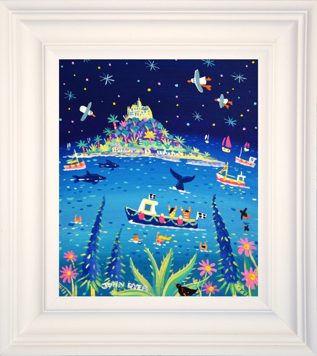 'Whale Watching, St Michael's Mount', 12x10 inches acrylic on canvas. Paintings of Cornwall. Cornish Artist John Dyer. Cornwall Art Gallery