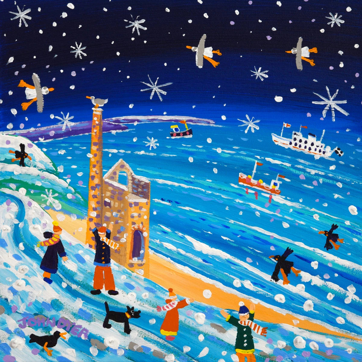 'Wintery Coast Path Walkers, Wheal Coates Tin Mine, St Agnes', 12x12 inches acrylic on canvas. Paintings of Cornwall by Cornish Artist John Dyer. Cornwall Art Gallery John Dyer