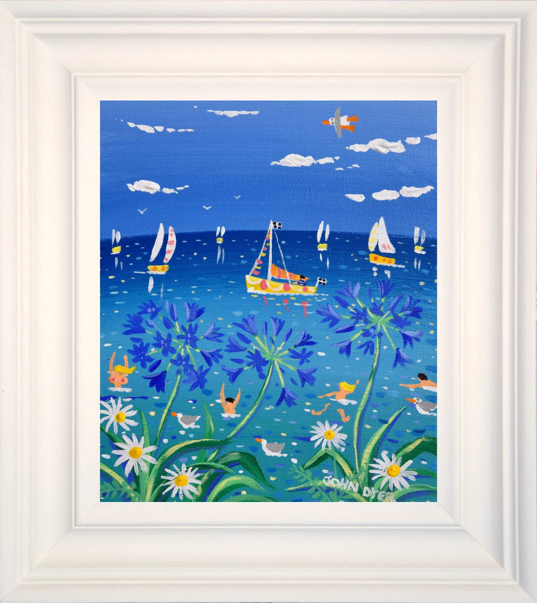 'Agapanthus Blue Cornish Skinny Dipping, Falmouth', 12x10 inches acrylic on canvas. Paintings of Cornwall. Cornish Artist John Dyer. John Dyer
