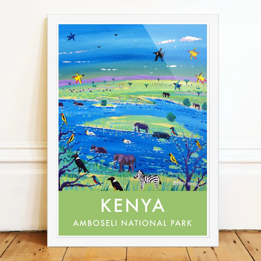 African Art Wall Art Poster Print by John Dyer. Savannah Wildlife Safari Elephants, Kenya. Animal Art Prints John Dyer