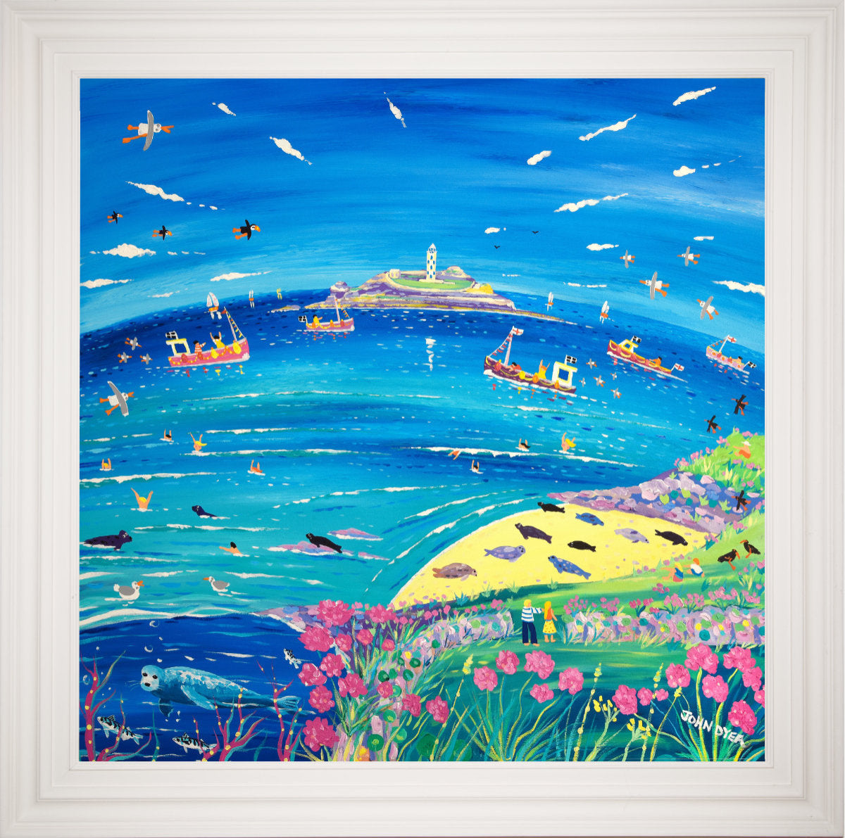 'Watching the Seals, Godrevy Lighthouse', 100x100 cm acrylic on canvas. Paintings of Cornwall by Cornish Artist John Dyer. Cornwall Art Gallery John Dyer