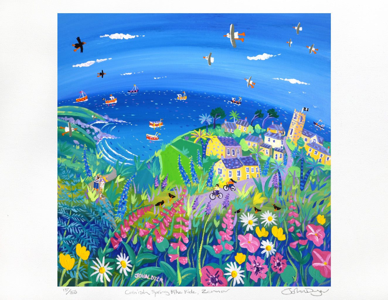 Limited Edition Print by Cornish Artist John Dyer. 'Cornish Spring Bike Ride, Zennor'. Cornwall Art Gallery Print