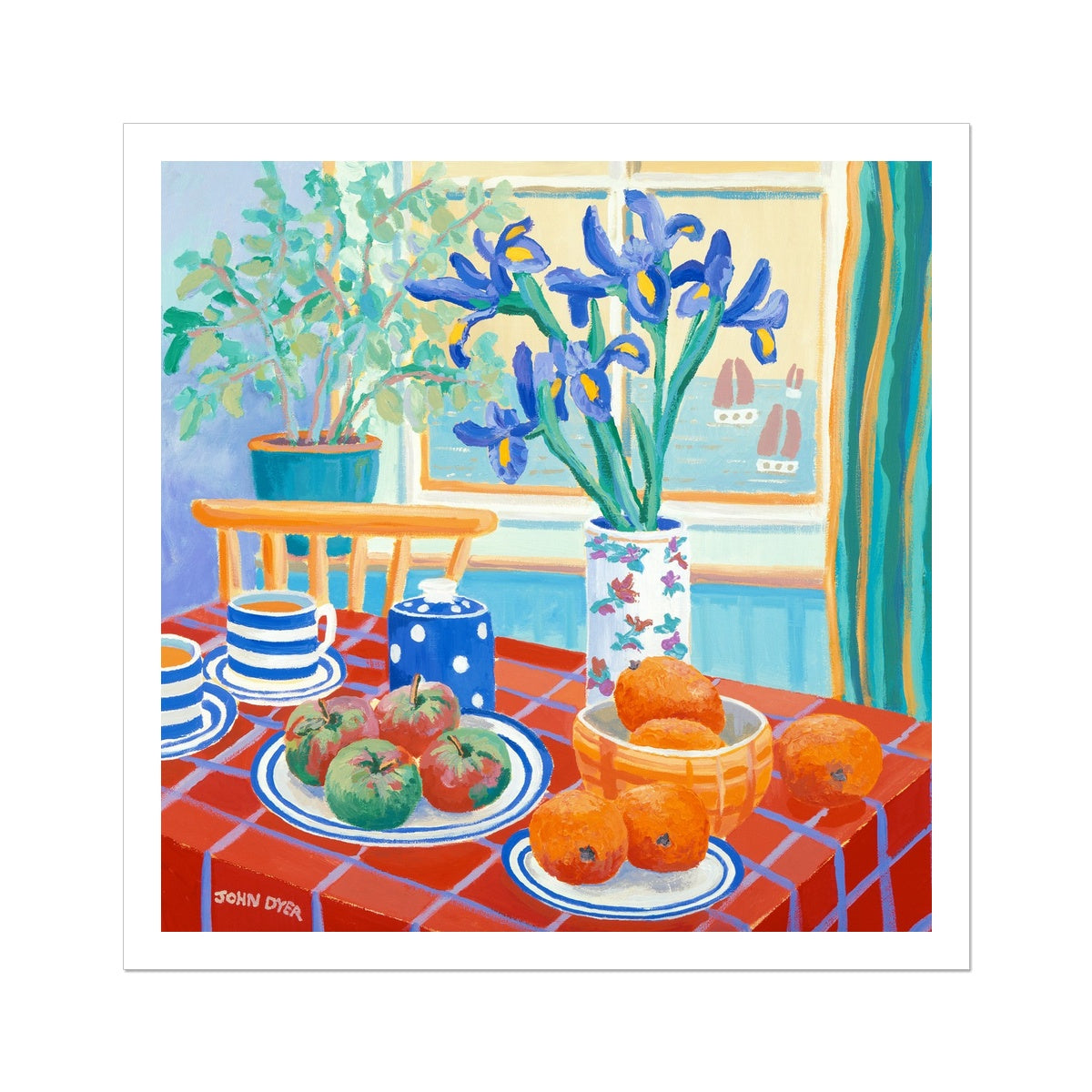 John Dyer Fine Art Print. Open Edition Still Life Cornish Art Print. 'Blue Irises on a Cornish Table'. Cornwall Art Gallery
