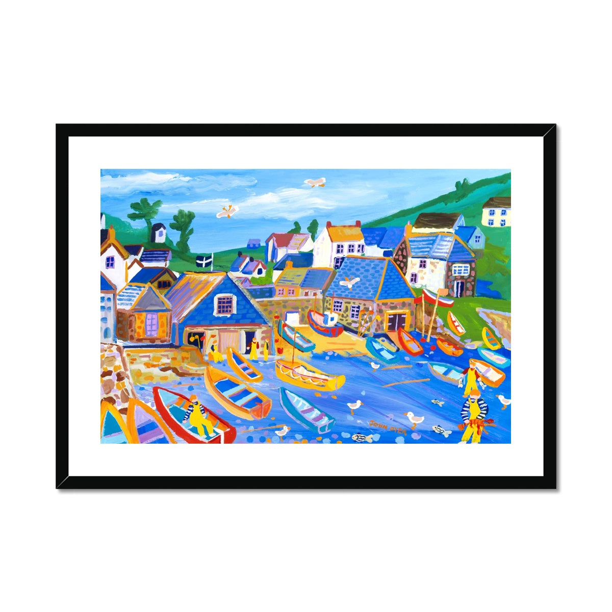 John Dyer Framed Open Edition Cornish Fine Art Print. 'White Washed Buildings on the Beach, CJohn Dyer Framed Open Edition Cornish Fine Art Print. 'Lobster Fishermen, Cadgwith'. Cornwall Art Galleryalella, Spain'. Cornwall Art Gallery