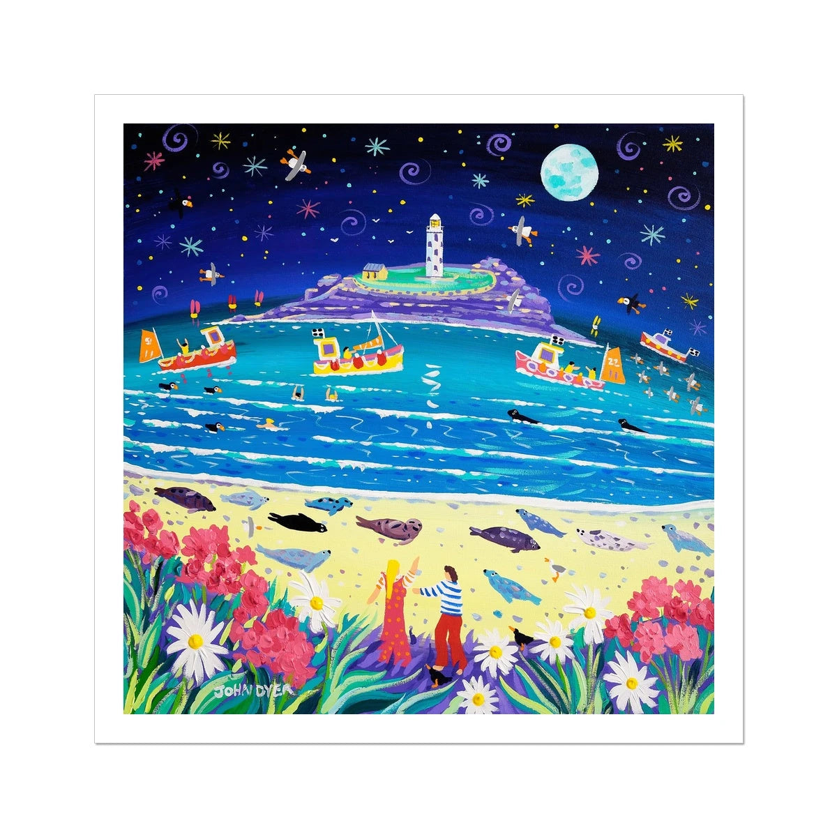 John Dyer Fine Art Beach Print. Open Edition Cornish Art Print. 'Snoozing Seals under the Moon, Godrevy'. Cornwall Art Gallery John Dyer
