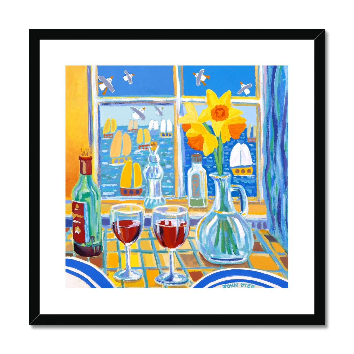 John Dyer Framed Open Edition Still Life Cornish Art Print. 'Red Wine and Daffodils'. Cornwall Art Gallery