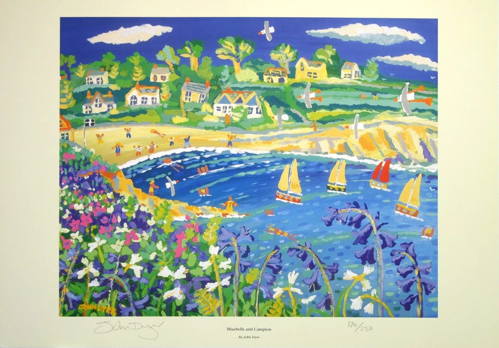 Limited Edition Print by Cornish Artist John Dyer. Bluebells and Campion, Swanpool, Falmouth, Cornwall. John Dyer