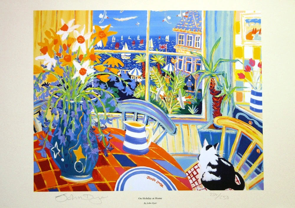 Limited Edition Cat Print by Cornish Artist John Dyer. 'On Holiday at Home'. Cornwall Art Gallery Print John Dyer