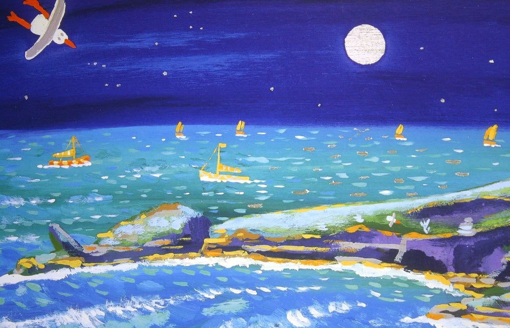 Limited Edition Print by Cornish Artist John Dyer. 'Full Moon over Housel Bay'. Lizard Lighthouse, Cornwall. John Dyer